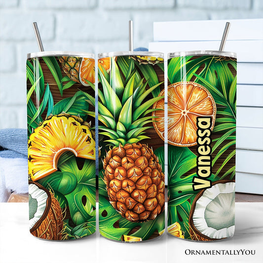 Tropical Pineapple, Citrus and Coconut 20oz Personalized Tumbler With Lid and Stainless Steel Straw, Exotic Summer Fruit Gift Cup - Shaketea