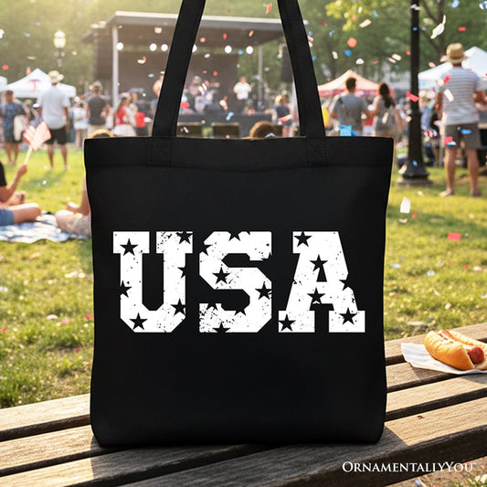 USA Block Letters Tote Bag, Vintage Patriotic Gift Shopper for Independence Day - Shaketea