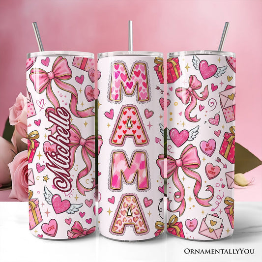 Valentine Mama Coquette Bow 20oz Personalized Tumbler With Lid and Stainless Steel Straw, Charming Pink Love Pattern Gift Cup - Shaketea