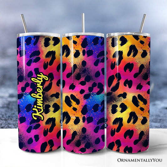 Vibrant Neon Leopard Print 20oz Personalized Tumbler With Lid and Stainless Steel Straw, Retro Rainbow Animal Pattern Gift Cup - Shaketea