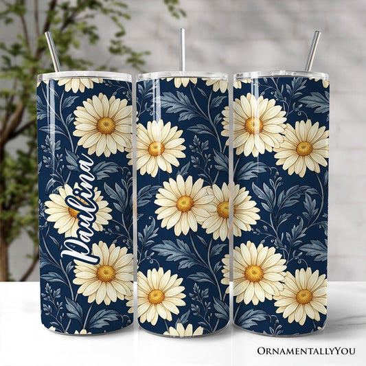 Vintage Daisy Floral Pattern 20oz Personalized Tumbler With Lid and Stainless Steel Straw, Navy Blue Cottage Garden Gift Cup - Shaketea