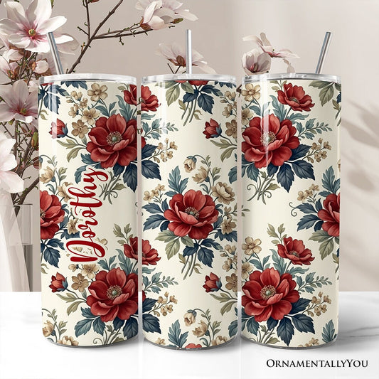 Vintage Red Poppy 20oz Personalized Tumbler With Lid and Stainless Steel Straw, Romantic Floral Pattern Gift Cup - Shaketea