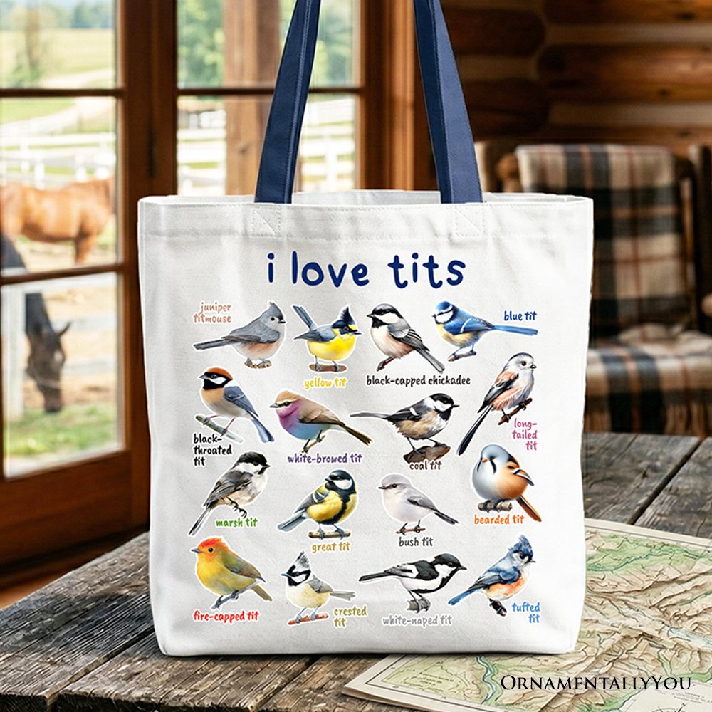 Whimsical Bird Tit Tote Bag, Funny Birdwatcher Gift Shopper Gift for Birder - Shaketea