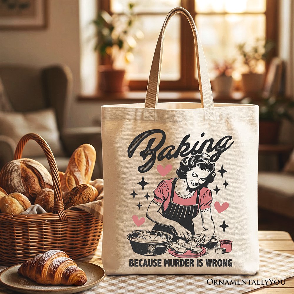 Baking Because Murder Is Wrong Anti-Valentine Tote Bag, Funny Retro Kitchen Gift Shopper - Shaketea