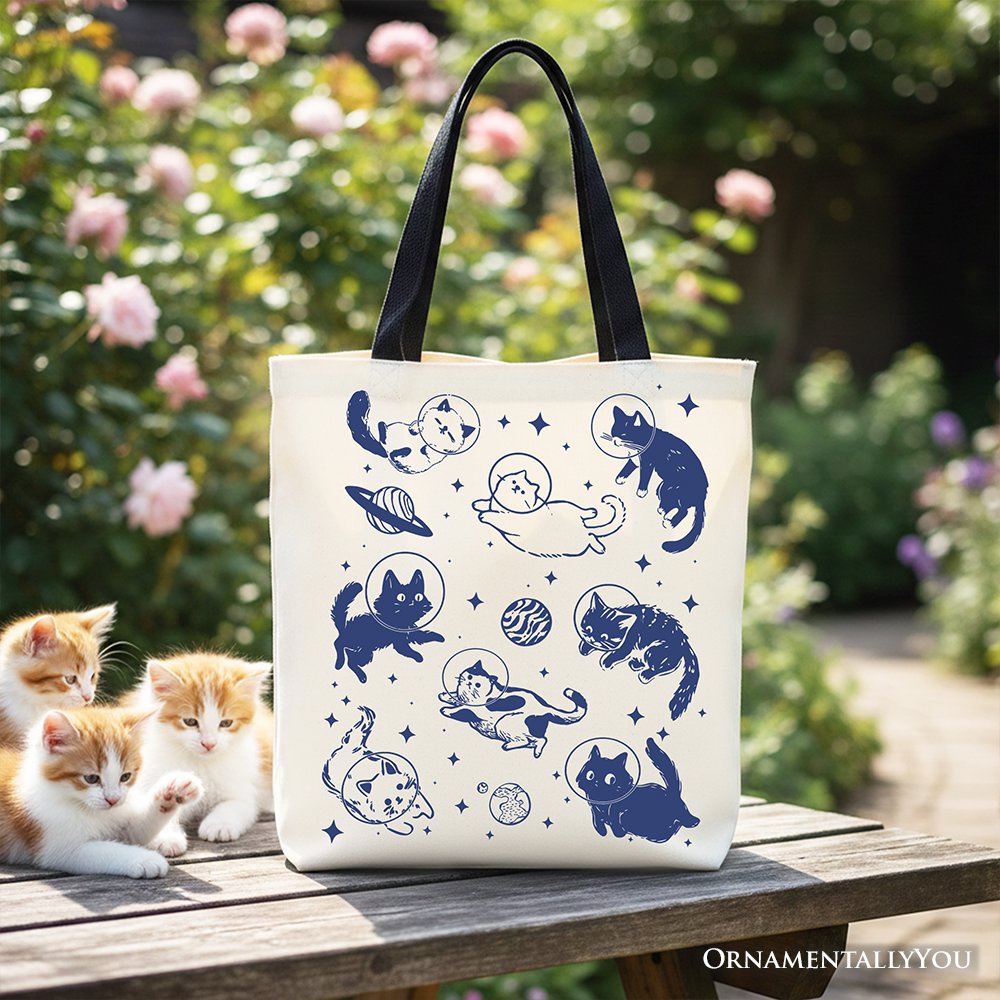 Cats in Space Retro Canvas Tote Bag, Funny Astronaut Kitty Gift Bag with Cosmic Vibes