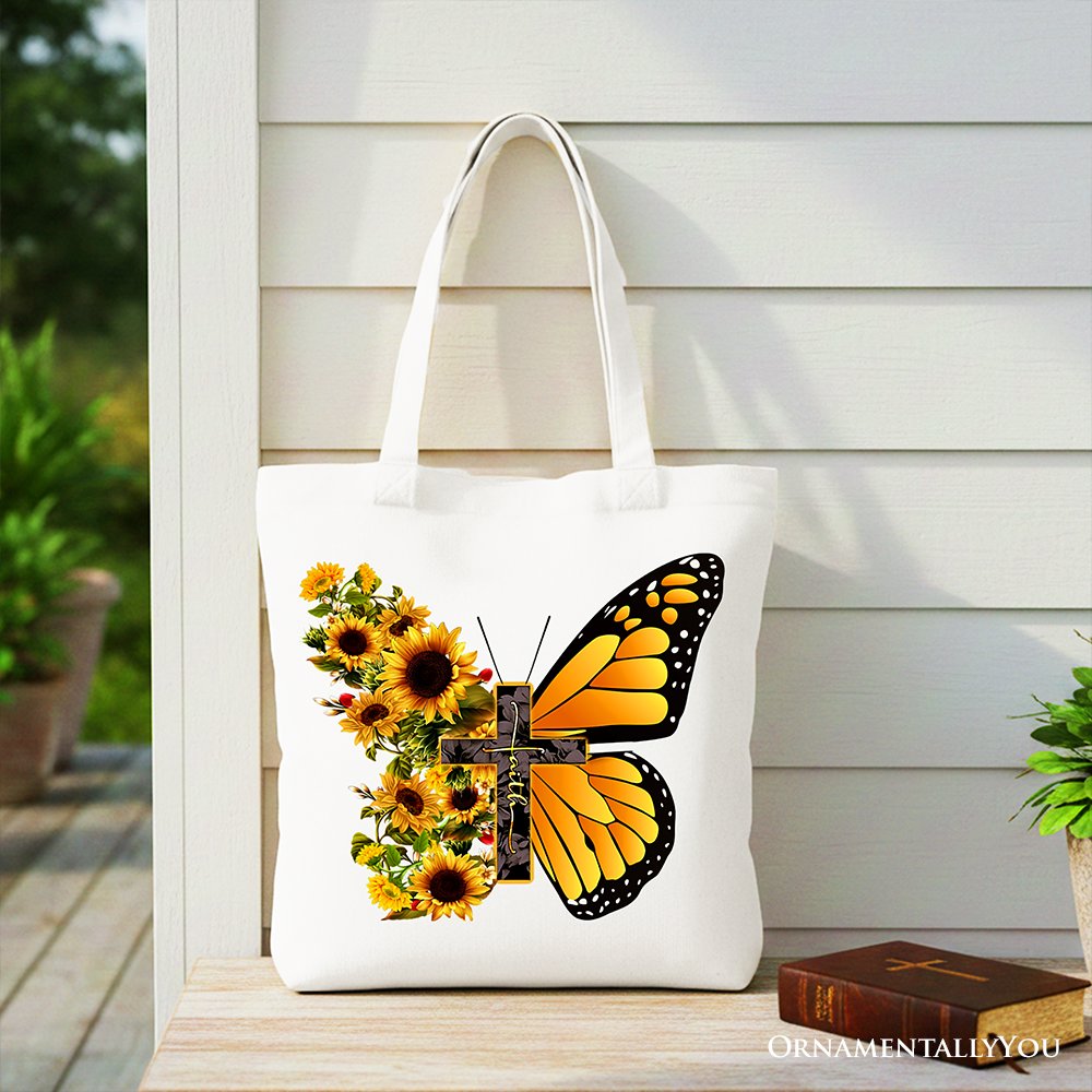 Faith Cross Butterfly Tote Bag, Christian Sunflower Floral Gift Shopper - Shaketea