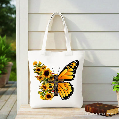 Faith Cross Butterfly Tote Bag, Christian Sunflower Floral Gift Shopper - Shaketea