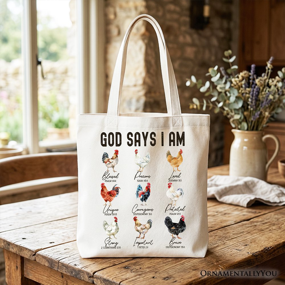 God Says I Am Christian Tote Bag, Rooster and Chicken Gift Shopper for Farm Style Lovers - Shaketea