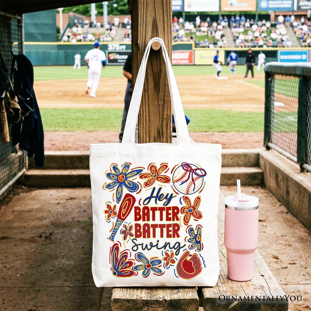 Hey Batter Batter Swing Tote Bag, Retro White and Natural Baseball Gift Shopper - Shaketea
