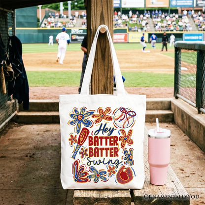 Hey Batter Batter Swing Tote Bag, Retro White and Natural Baseball Gift Shopper - Shaketea