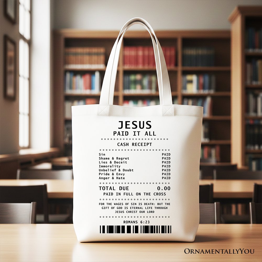 Jesus Paid It All Cash Receipt Tote Bag, Christian Gift Shopper for Believers - Shaketea