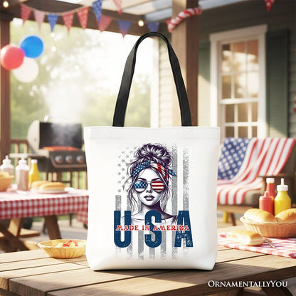 Made in America Messy Bun Tote Bag, Retro 4th of July White Patriotic Gift Shopper - Shaketea