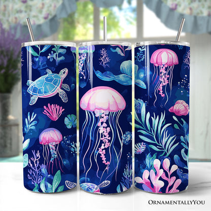 Ocean Jellyfish and Sea Turtle 20oz Personalized Tumbler With Lid and Stainless Steel Straw, Underwater Coral Reef Gift Cup