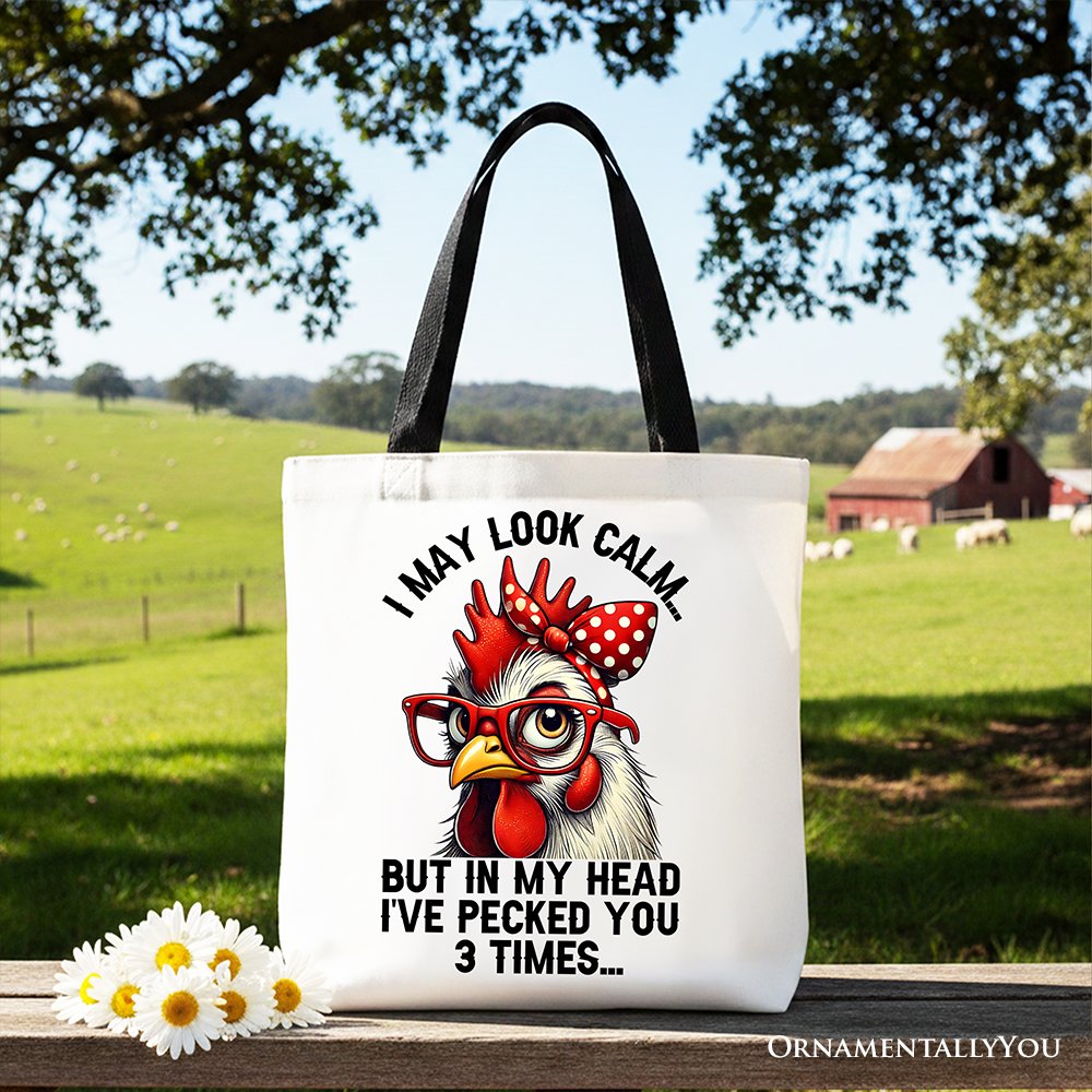 Pecking Chicken Tote Bag, Red Glasses and Bow White Gift Shopper for Sassy Women - Shaketea