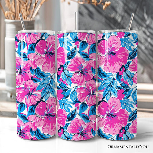 Pink and Blue Hibiscus Flowers 20oz Personalized Tumbler With Lid and Stainless Steel Straw, Vibrant Summer Floral Gift Cup - Shaketea