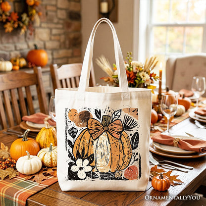 Pumpkin Fall Floral Tote Bag, Thanksgiving Coquette Bow Gift Shopper - Shaketea