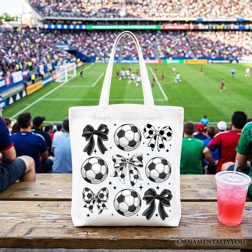 Soccer Balls Coquette Bows Tote Bag, Sports Mom Gift Shopper - Shaketea