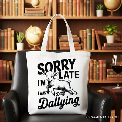 Sorry I'm Late Funny Lamb Tote Bag, Retro Dilly Dallying Gift Shopper for Quirky Women - Shaketea