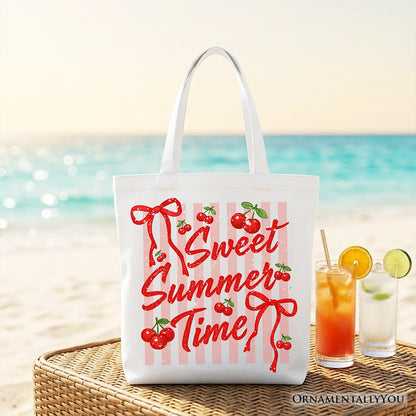 Striped Cherry Sweet Summer Time Tote Bag, Coquette Vacation Gift Shopper