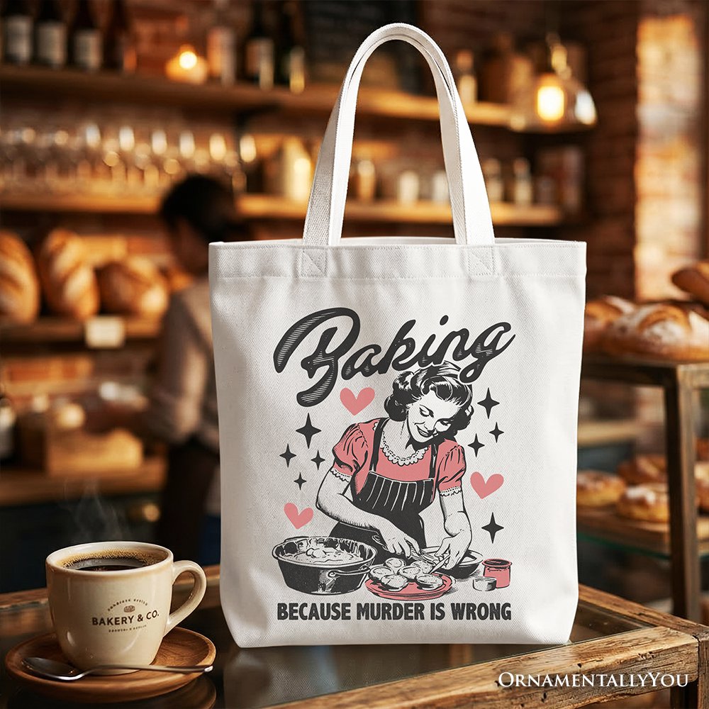 Baking Because Murder Is Wrong Anti-Valentine Tote Bag, Funny Retro Kitchen Gift Shopper - Shaketea
