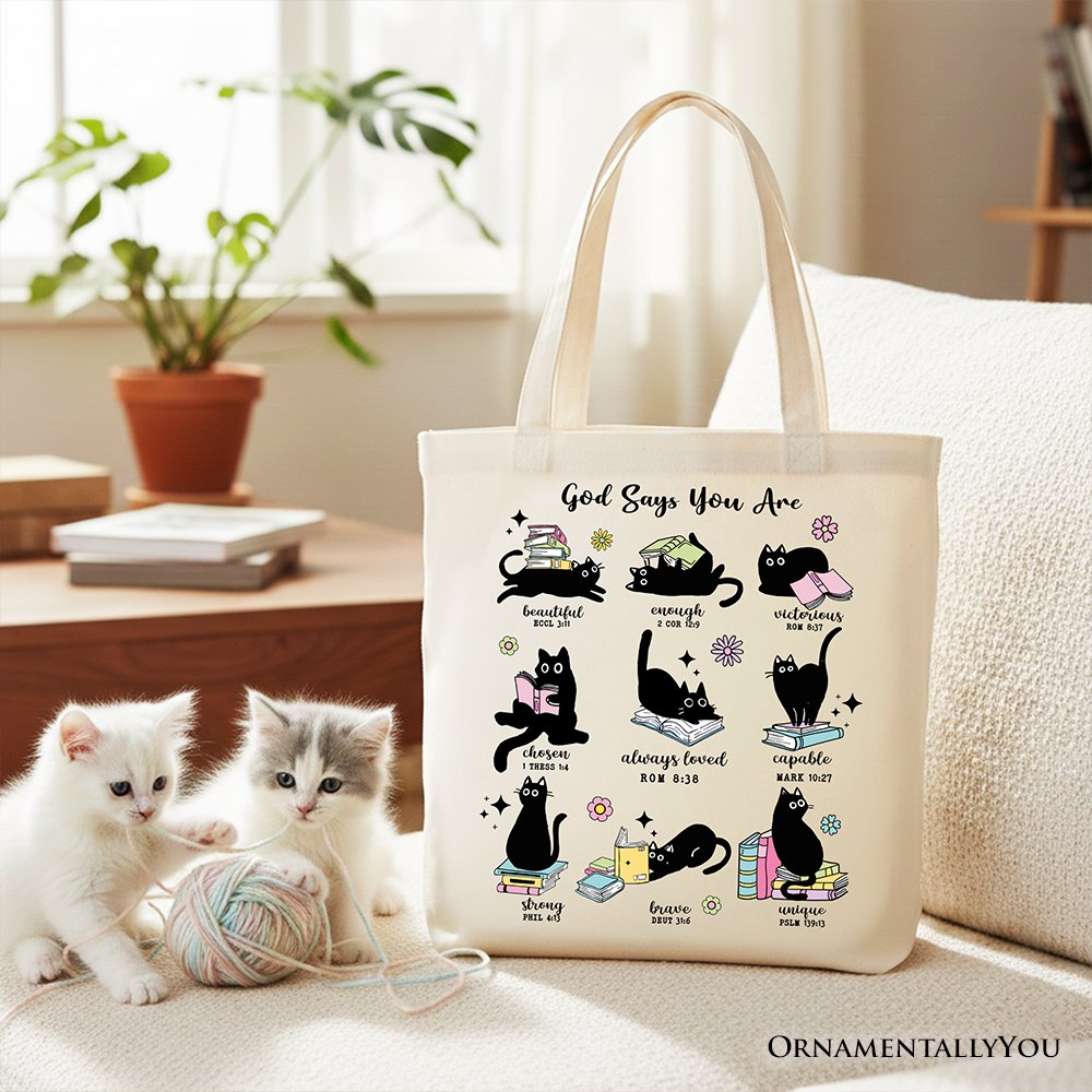 Book Cat God Says I Am Tote Bag, Christian Bible Verse Faith Gift Shopper - Shaketea