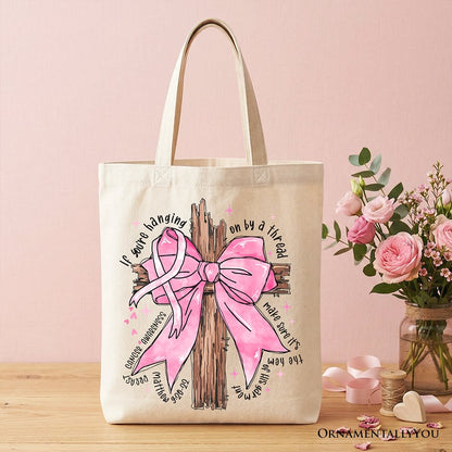 Breast Cancer Pink Bow Cross Tote Bag, Awareness Faith Christian Gift Shopper - Shaketea
