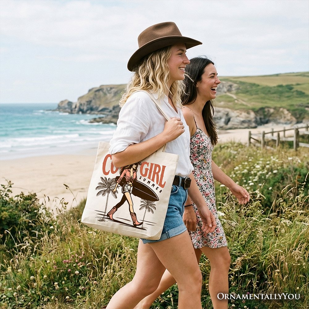Cowgirl Summer Surf Tote Bag, Retro Western Beach Gift Shopper for Free-Spirited Women - Shaketea