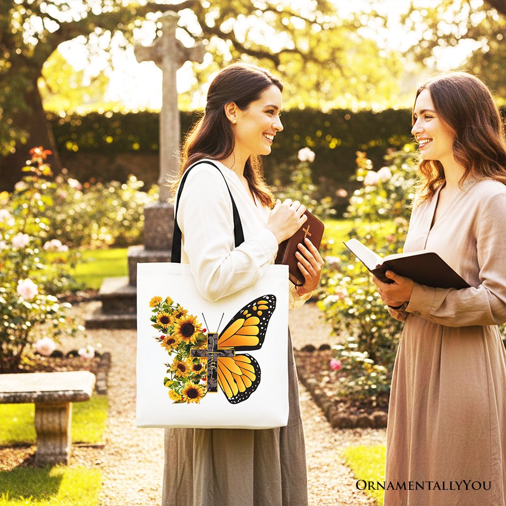 Faith Cross Butterfly Tote Bag, Christian Sunflower Floral Gift Shopper - Shaketea