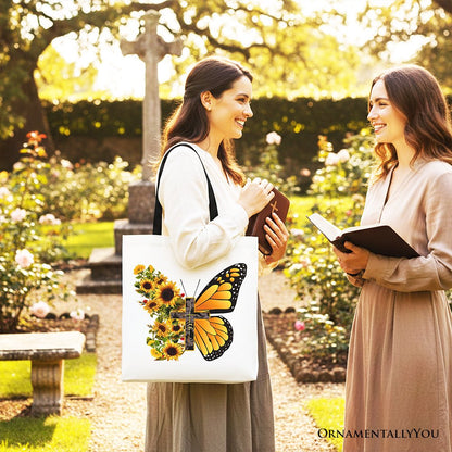 Faith Cross Butterfly Tote Bag, Christian Sunflower Floral Gift Shopper - Shaketea