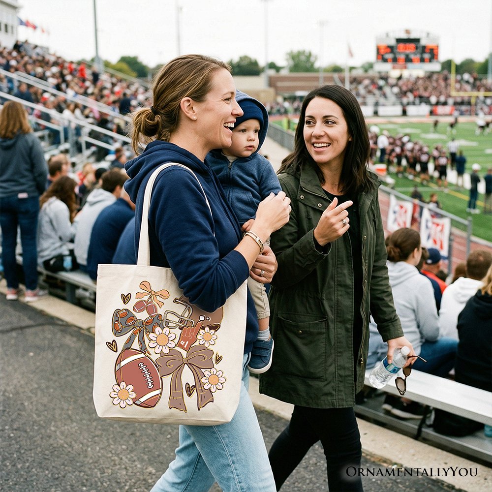 Football Mom Coquette Bow Daisy Tote Bag, Retro Fall Game Day Preppy Gift Shopper - Shaketea