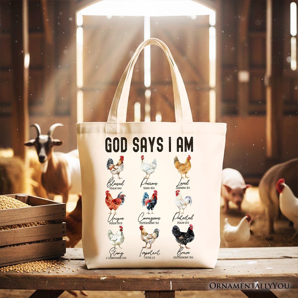 God Says I Am Christian Tote Bag, Rooster and Chicken Gift Shopper for Farm Style Lovers - Shaketea