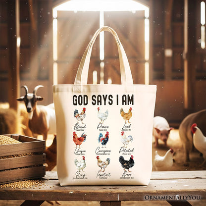 God Says I Am Christian Tote Bag, Rooster and Chicken Gift Shopper for Farm Style Lovers - Shaketea