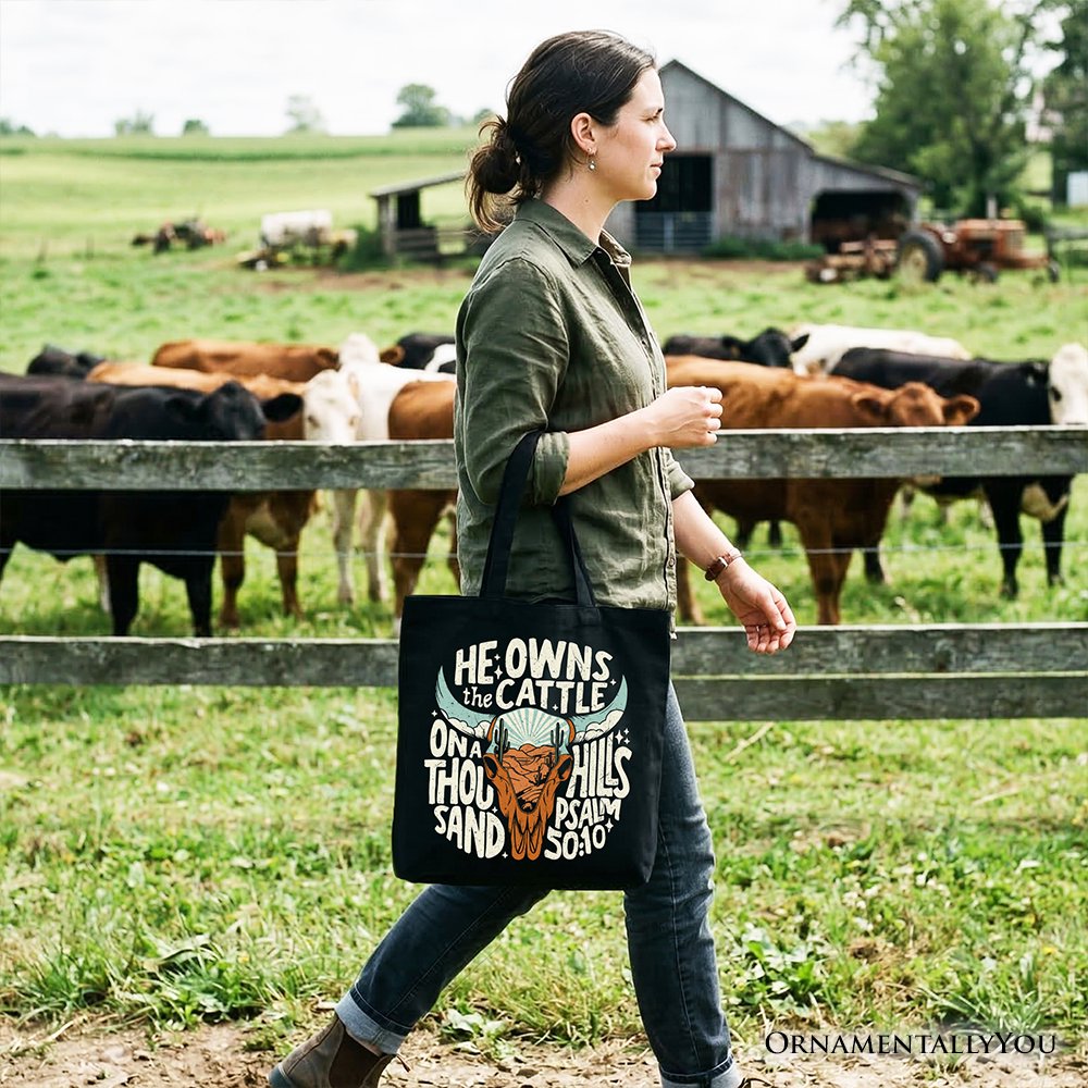 He Owns the Cattle On a Thousand Hills Tote Bag, Christian Western Faith Gift Shopper - Shaketea