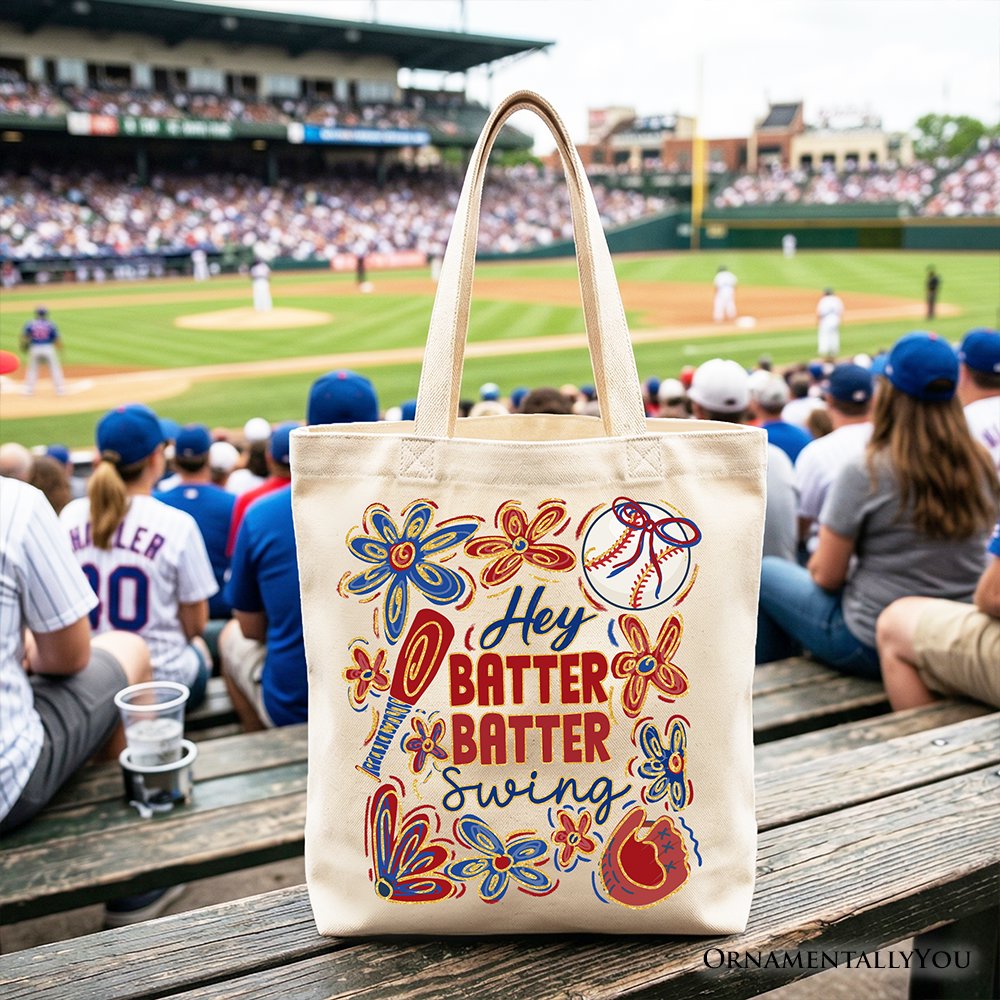 Hey Batter Batter Swing Tote Bag, Retro White and Natural Baseball Gift Shopper - Shaketea