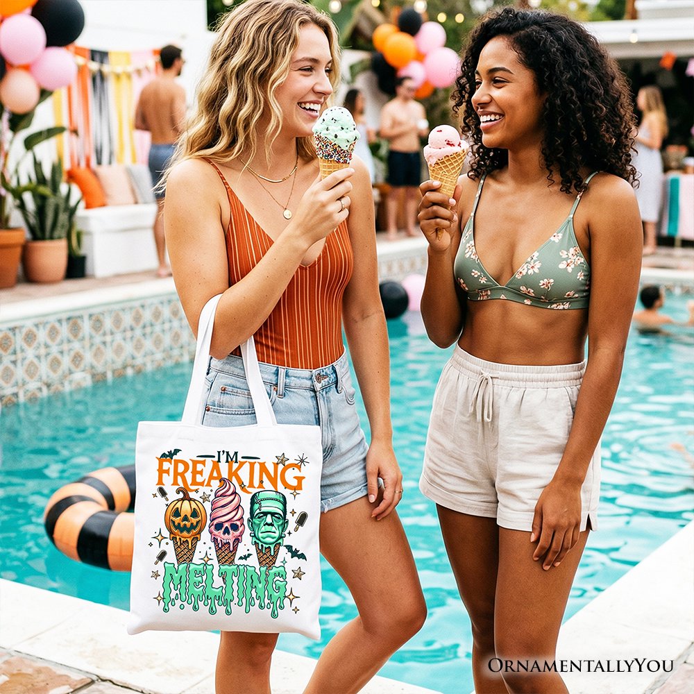 I’m Freaking Melting Frankenstein Tote Bag, Funny Ice Cream Halloween Gift Shopper for Summer Spooky Season - Shaketea