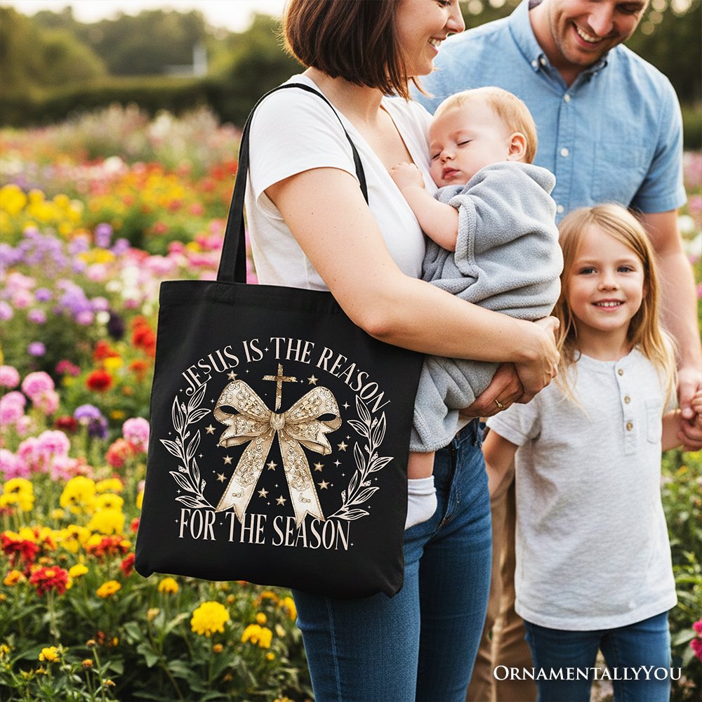 Jesus Is the Reason Christmas Tote Bag, Coquette Gold Bow Cross Gift Shopper for Faithful Women - Shaketea
