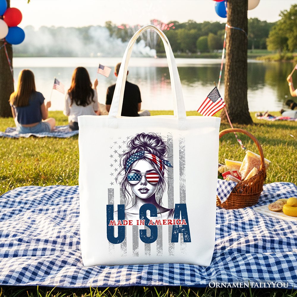 Made in America Messy Bun Tote Bag, Retro 4th of July White Patriotic Gift Shopper - Shaketea