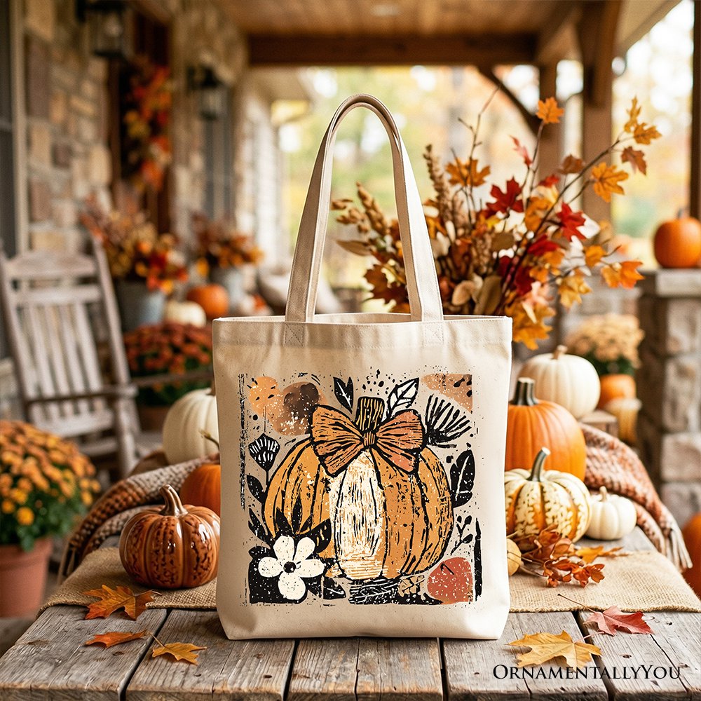 Pumpkin Fall Floral Tote Bag, Thanksgiving Coquette Bow Gift Shopper - Shaketea