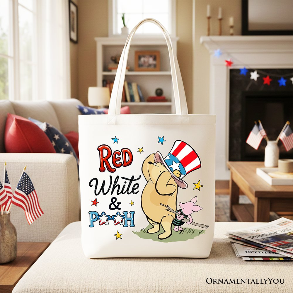 Red White & Proud Winnie-the-Pooh Tote Bag, 1926 A.A. Milne Patriotic 4th of July Gift Shopper - Shaketea