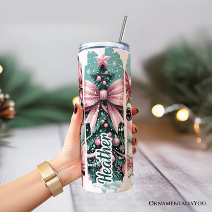 Vintage Tree, Reindeer, Santa and Snowman 20oz Personalized Tumbler With Lid and Stainless Steel Straw, Coquette Pink Christmas Gift Cup