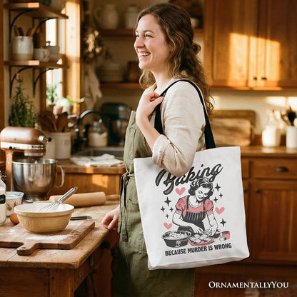 Baking Because Murder Is Wrong Anti-Valentine Tote Bag, Funny Retro Kitchen Gift Shopper - Shaketea