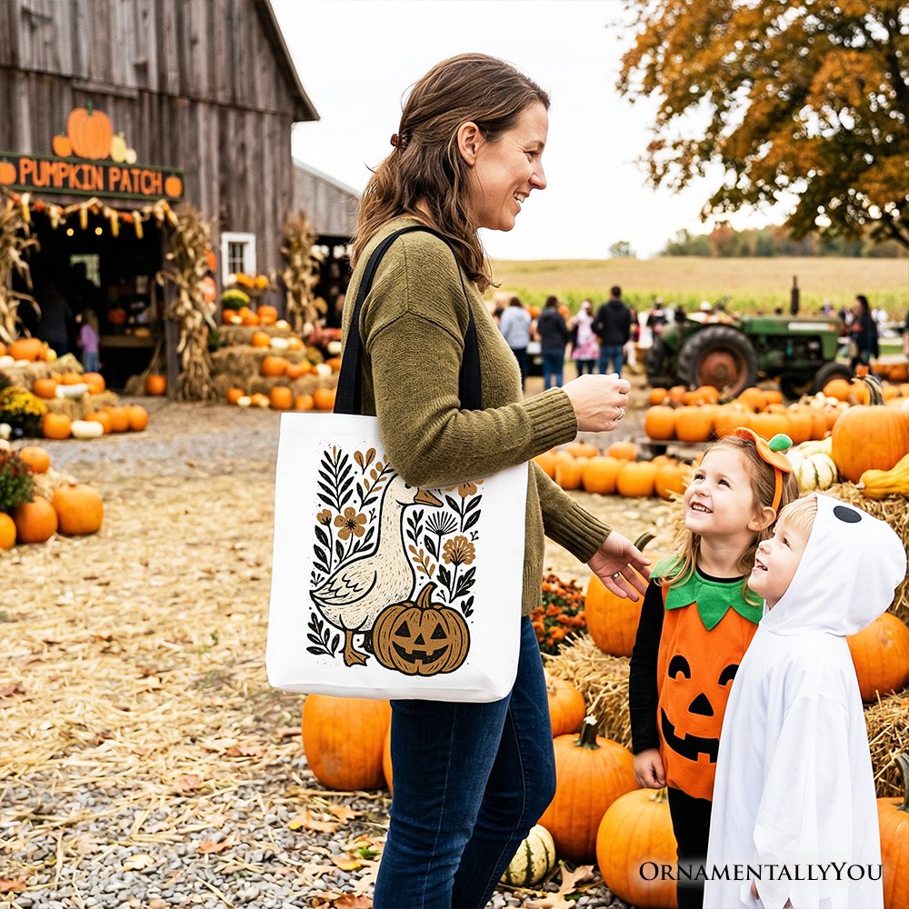 Boho Goose Halloween Pumpkin Tote Bag, Spooky Fall Floral Gift Shopper - Shaketea