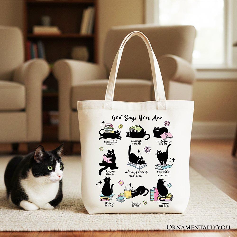 Book Cat God Says I Am Tote Bag, Christian Bible Verse Faith Gift Shopper - Shaketea