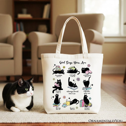 Book Cat God Says I Am Tote Bag, Christian Bible Verse Faith Gift Shopper - Shaketea