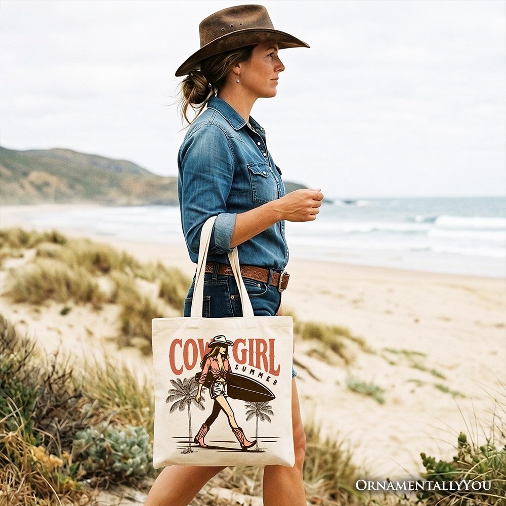 Cowgirl Summer Surf Tote Bag, Retro Western Beach Gift Shopper for Free-Spirited Women - Shaketea