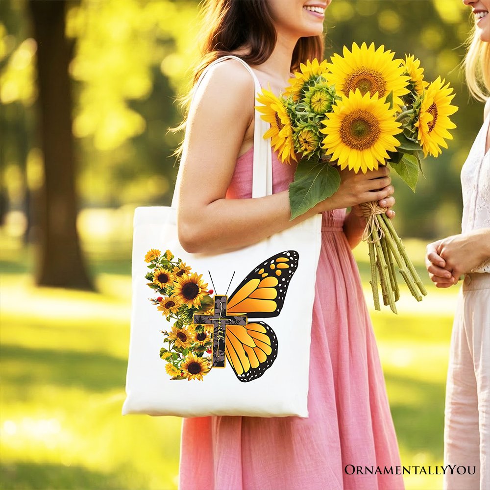 Faith Cross Butterfly Tote Bag, Christian Sunflower Floral Gift Shopper - Shaketea