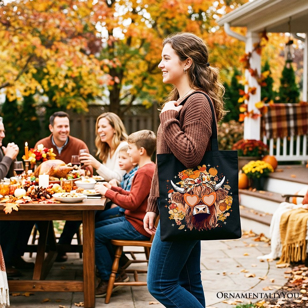 Fall Highland Cow Tote Bag, Messy Bun Howdy Gift Shopper with Autumn Vibes - Shaketea