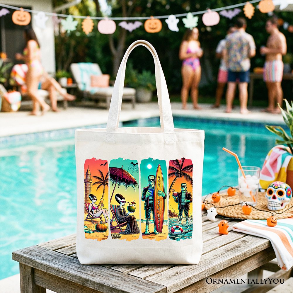 Frankenstein's Beach Vacation Tote Bag, Retro Neon Surf Style Gift Shopper for Horror Fans with Summer Vibes - Shaketea