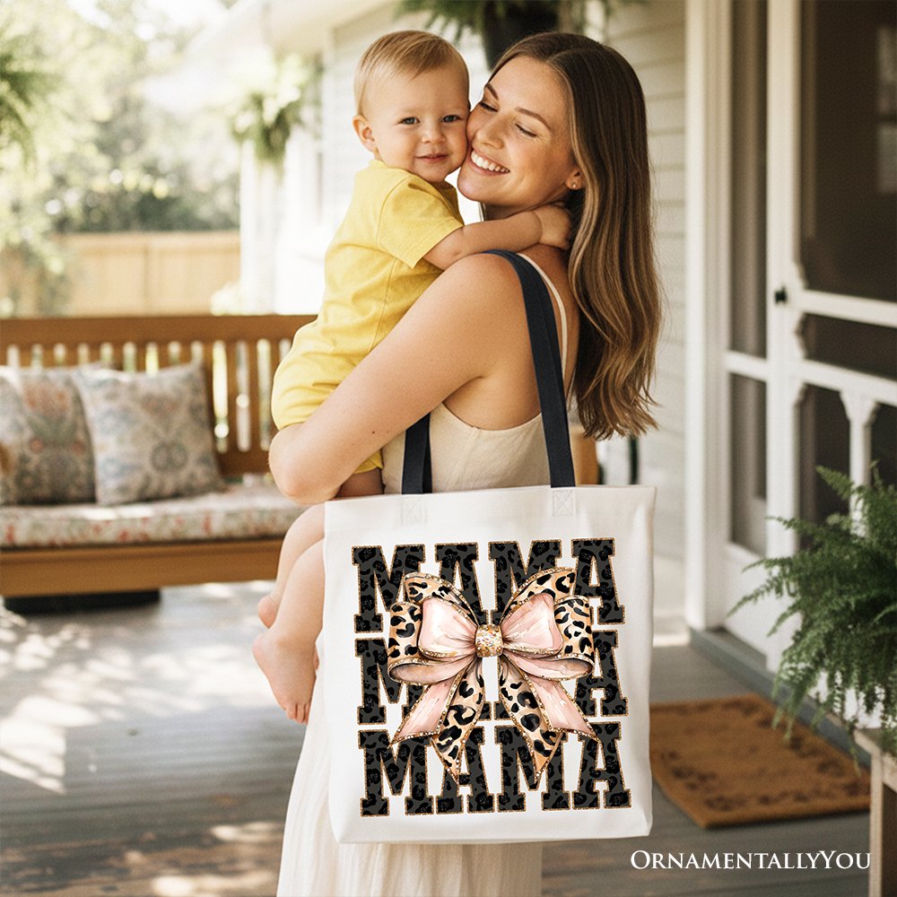 Glitter Leopard Mama Tote Bag, Coquette Bow Gift Shopper for Glam and Trendy Mothers - Shaketea
