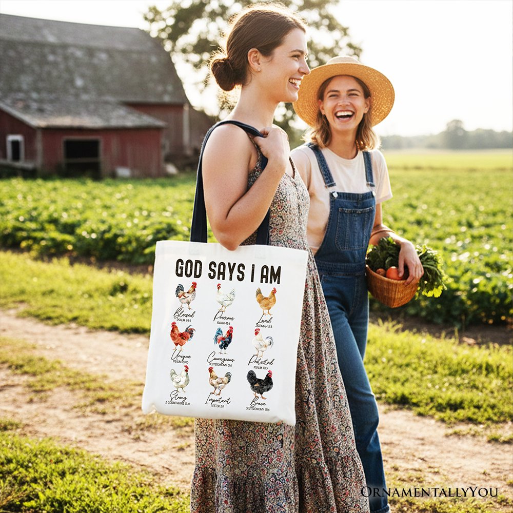 God Says I Am Christian Tote Bag, Rooster and Chicken Gift Shopper for Farm Style Lovers - Shaketea